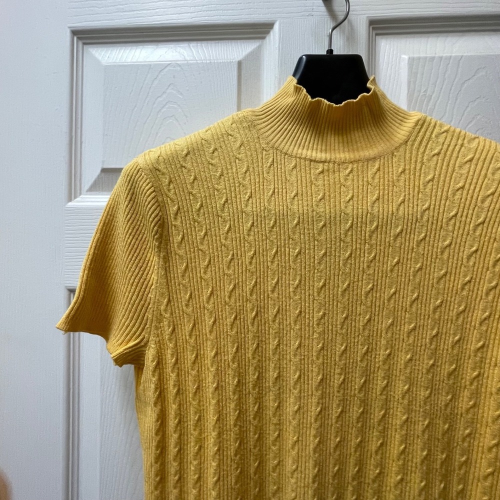 Vintage Talbots Petites Large Yellow Mock Short Sleeve Cable Sweater Rayon Blend
